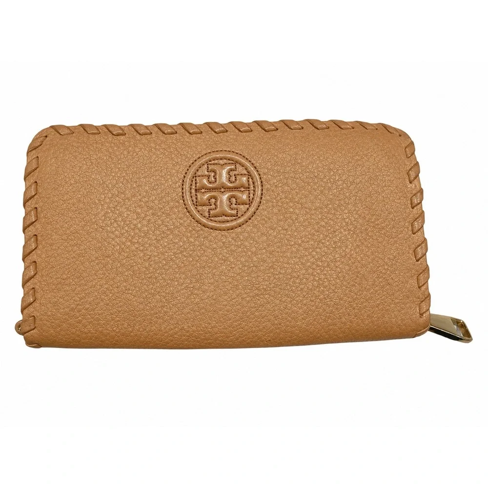 Tory Burch Marion Zip Continental Wallet Tan Pebbled Leather Whipstitch Logo - Picture 2 of 8